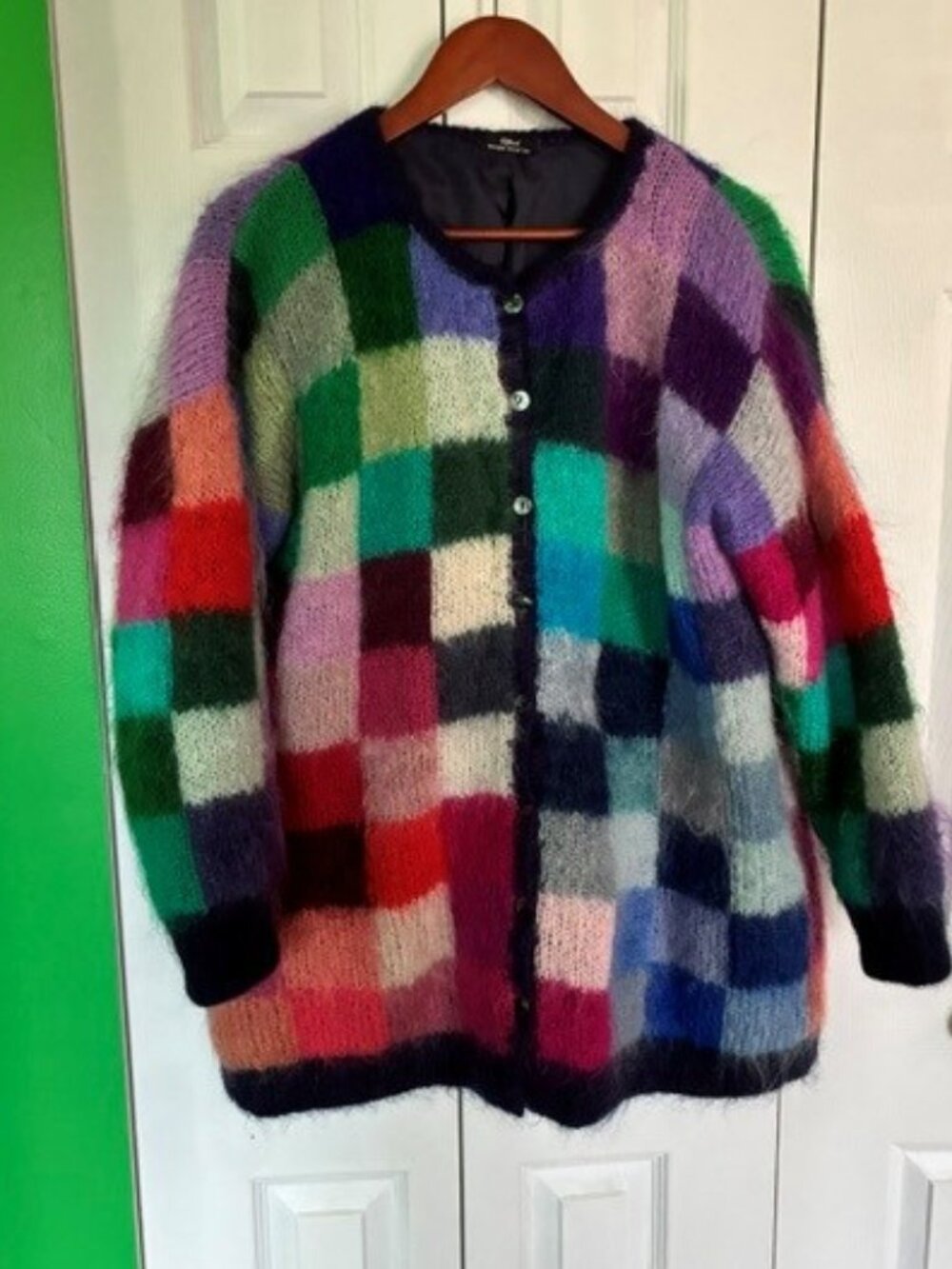 Rainbow Patchwork Mohair Angora Cardigan Sweater Size XL